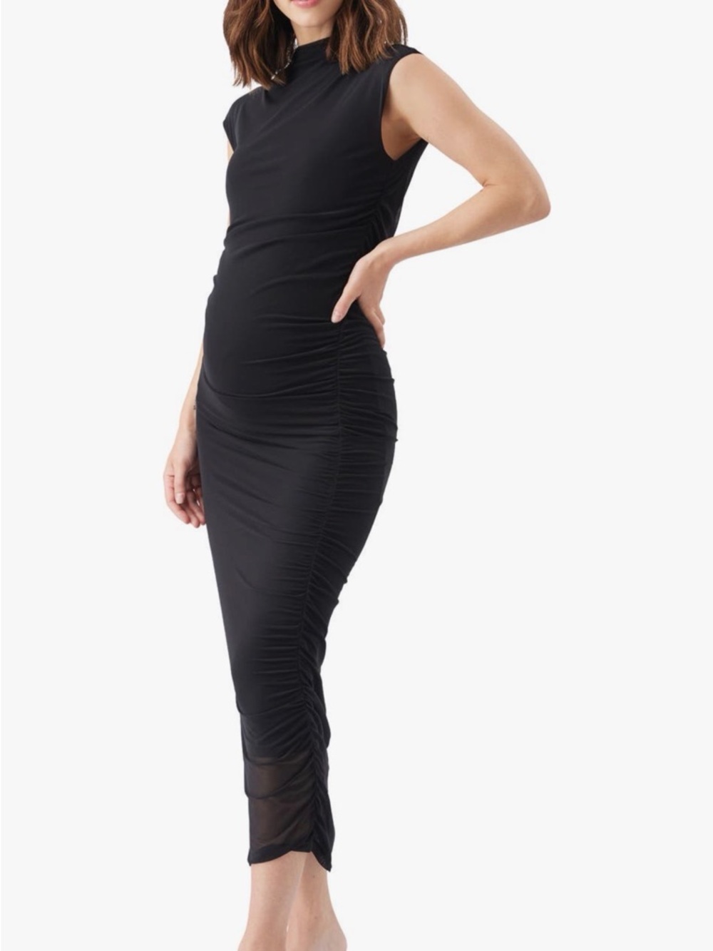 Ripe Maternity Black Ruched Sleeveless Mesh Dress
